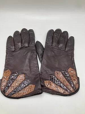 Vintage Brown Leather Gloves With Snakeskin Detail Silk Lined Hand Made Sz 7.5 • $24.99