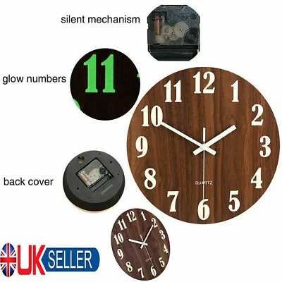 £9.99 • Buy 12  Round Luminous Wall Clock Silent Glow In The Dark Wooden Home Bedroom Decor