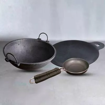 Cast Iron Combo Set - Iron Dosa Tawa Kadai And Tadka Ladle - Medium • $263.07