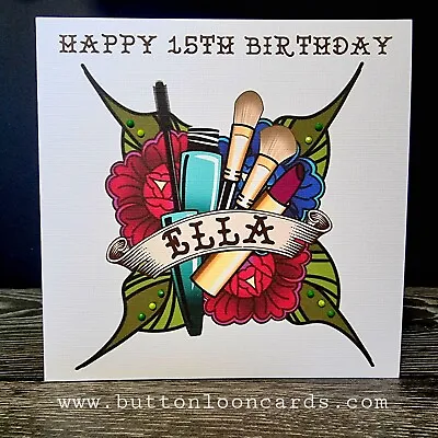 Handmade Personalised Happy Birthday Card Make Up Tattoo Style Any Name  Text • £3.85