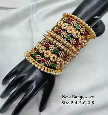 Bollywood Indian Pearl Green Red Gold FN Bridal Bangles Set Ethnic Jewelry A28 • $25.47