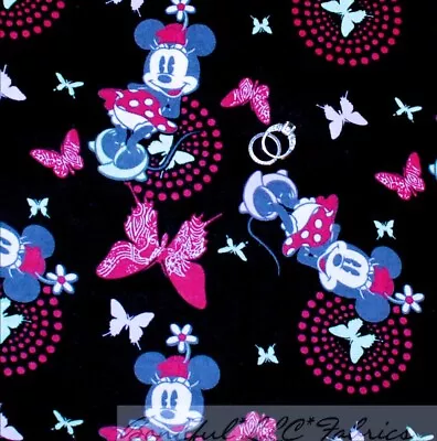 BonEful Fabric FQ Flannel DISNEY Minnie Mouse Butterfly Hippie Pink B&W Dot GIRL • £19.79