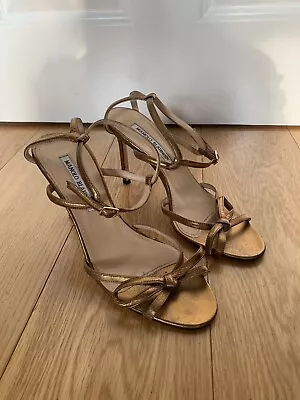 Manolo Blahnik Gold/Bronze Bow Strappy Sandals Stiletto High Heels 38 5 00s 90s • £75