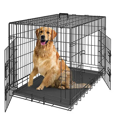 42  Dog Crate Folding Metal Pet Cage Kennel Double Doors With Tray Pan Black • $61.58