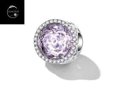 Genuine Sterling Silver 925 Rose Flower Crystal Purple Round Bead Charm With CZ • £17.99