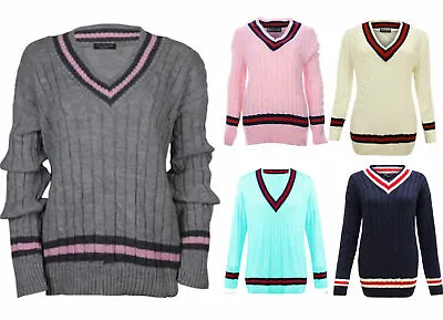 Ladies Long Sleeves V Neck Cricket Cable Knitted Sweater Lot Womens Plain Jumper • £11.99