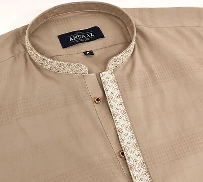 Men's Beige Kurta With Placket Embroidery • £25