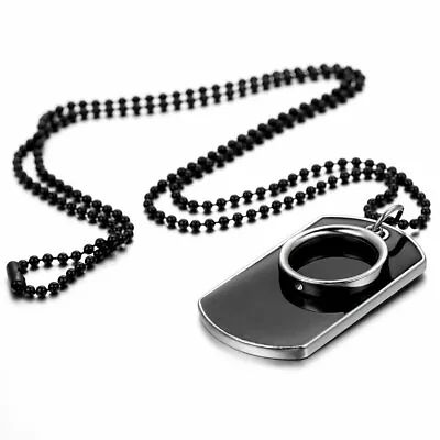 Men's Stainless Steel Black Ring Dog Tag Pendant Necklace W/Beaded Chain Gift • $6.55