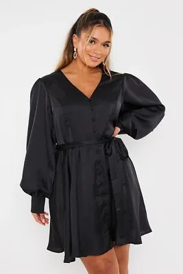 £10 • Buy In The Style Black Satin Button Front Balloon Long Sleeve Dress