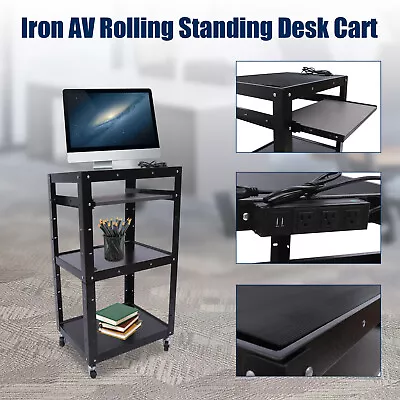 Rolling Projector Cart Black Iron AV Media Cart With Power Strip Cord Management • $128.26