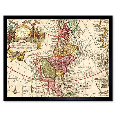 Seutter 18th Century Pictorial Map North America Wall Art Print Framed 12x16 • £11.99
