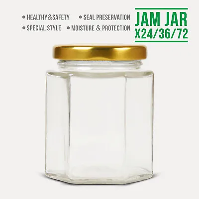 24/36/72 X190ml (7oz) Hexagonal Jam Jars Storage Preserve Pickles Mini Jars Lid • £34.99