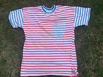 Vintage 80s Hang Ten Red Aqua Stripe Pocket Shirt M Cotton USA  • $19.99