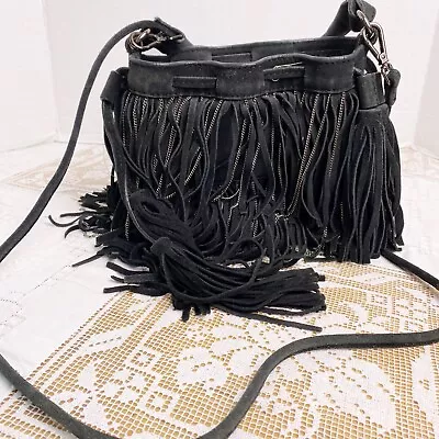 ZARA Woman Distress Black LEATHER Fringe Cross Body Bucket Purse Boho Tassels • $28.95