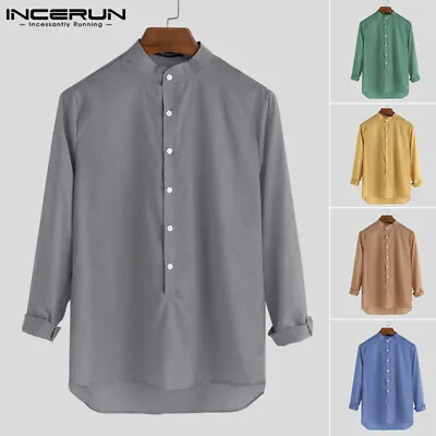 Men's Collarless Shirts Cotton Long Sleeve Henley Shirt Grandad Top Tee Blouse • £16.93