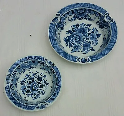 2 Holland Delft Blue & White Florals Ash Tray Signed 850/1&2 Delft Markings • $8.99