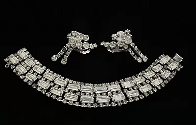 Vintage Glitzy Crystal Rhinestone Silver Tone Bracelet Dangle Earrings Set • $20