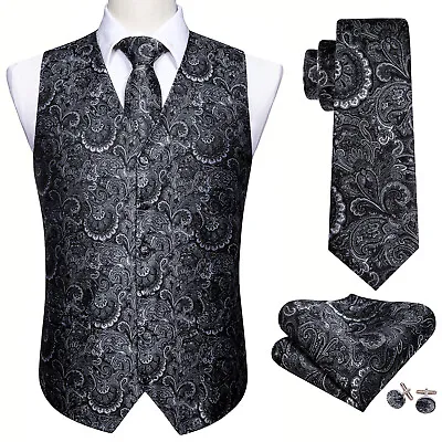 Mens Waistcoat Black Blue Red Paisley Dress Vest Neck Tie Hankie Set Suit Tuxedo • $19.99