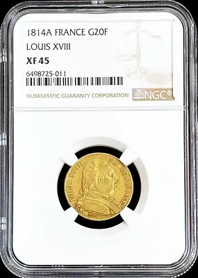 1814 A Gold France 20 Francs King Louis Xviii Coin Ngc Extremely Fine 45 • $575