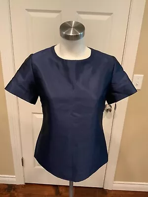 Isoude Shimmering Short Sleeve Blue Satin Top Size 2 • $216