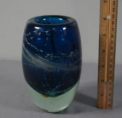 Vintage 1970s Mdina Blue Yellow Striped Glass Vase 5 3/4  Tall • $30