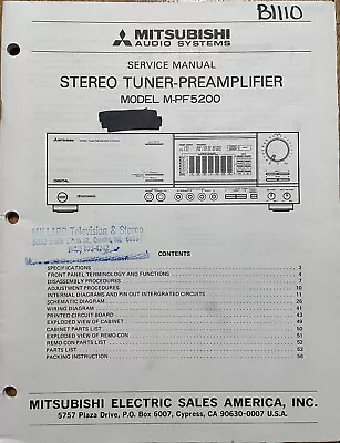 Mitsubishi M-pf5200 Stereo Tuner Preamplifier Original Service Repair Manual • $18.94