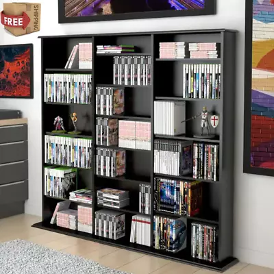 Black Wood Media Storage Cabinet CD DVD VHS Movie Organizer Wall Mount Shelf NEW • $209.97