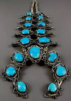 Vintage Navajo Sterling Silver Turquoise Squash Blossom Necklace GORGEOUS STONES • $1195