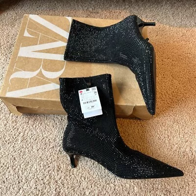 NWT Zara Black RHINESTONE HEELED ANKLE BOOTS 8 • $69