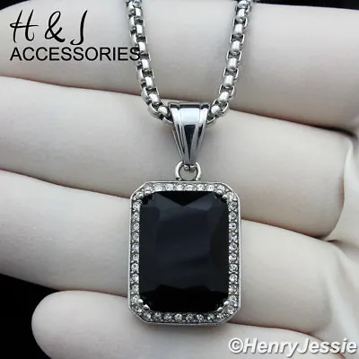 18-36 MEN Stainless Steel 3mm Silver Box Link Chain Black Onyx Pendant*P98 • $18.99