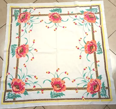 Vintage Cloth Tablecloth 46  By 45  Floral With Brown And Yellow Boarder • $26.99