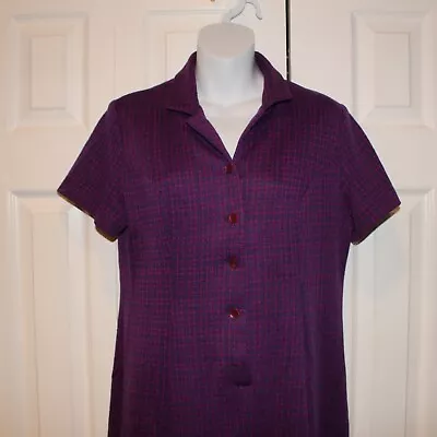 Vintage 1960s Waitress Uniform Style Purple Houndstooth Button Front Dress 14  • $52