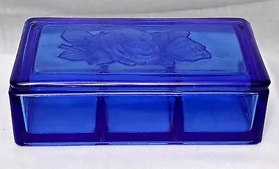 Vintage Embossed Rose Clear Colbalt Blue Glass Divided Trinket Jewelry Box Hold • $22