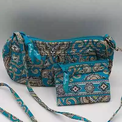 Retired Vera Bradley Frannie Totally Turquoise Crossbody & Change Purse Handbag • $35