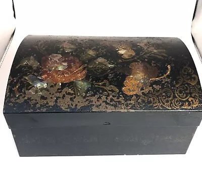 Antique Tin Box Abalone Floral Leaf Hand Painted Design Asian • $49