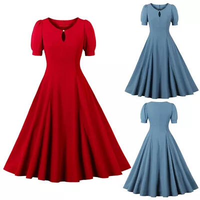 Women Vintage Short Puffs Sleeve 50s Rockabilly Evening Party Summer Swing Dress • $42.38