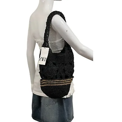 Zara Womens Tote Bag Black Brown Woven Jute Boho Shoulder Bag Knitted Bucket • $38