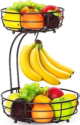 Fruit Basket 2-Tier Metal Fruit Bowls With Banana Hanger Perfect Holding Fruit • £17.65