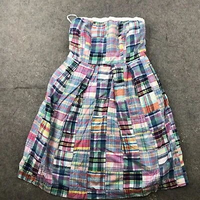 J Crew Strapless Dress 6 Madras Plaid Patchwork A-Line Cotton Navy Blue Red • $38.69