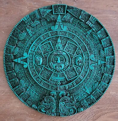 Vintage Aztec Mayan Calendar Sun Stone Malachite Green 13” Wall Plaque • $30