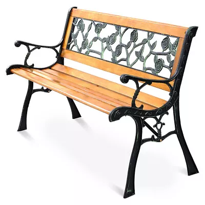 Patio Park Garden Bench 49 1/2  Porch Path Chair Cast Iron Hardwood Rose Pattern • $99.99