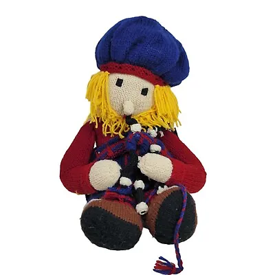 Hand Made Knitted Stuffed Scottish Man Doll 20  Yarn Hair Bagpipes Tartan Kilt • $39.99