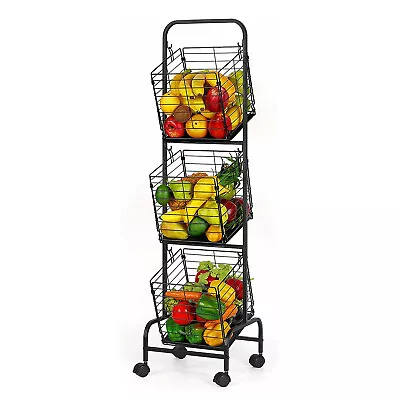 3-Tier Wire Market Fruit Basket Storage Stand With Rolling Wheels For Vegetables • $29.80