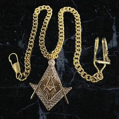 Masonic Gold Pocket Watch Chain Freemason Symbol Freemason Crystal 24k Gold Clad • $21.14