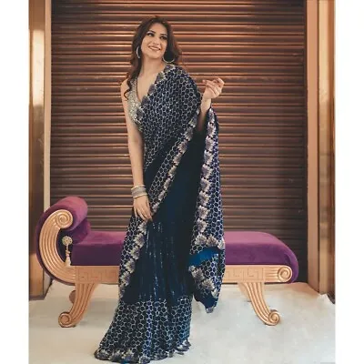 Indian Designer Navy Blue Georgette Sequin Work Bollywood Party Wear Saree Sari • $59.99