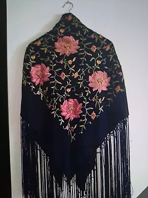 Vintage Antique Black Silk Piano Shawl Embroidered Chinoserie Floral   • $228