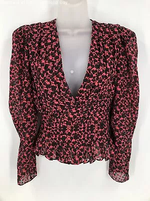 $34.99 • Buy IRO Womens Black Red Floral Silk Blend Zapata Puff Sleeve Blouse Top Size 34