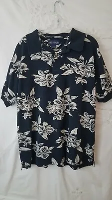 Blue Paradise Hawaiian Shirt Men's Large Blue White Floral Print Short Sleeve • $10.75