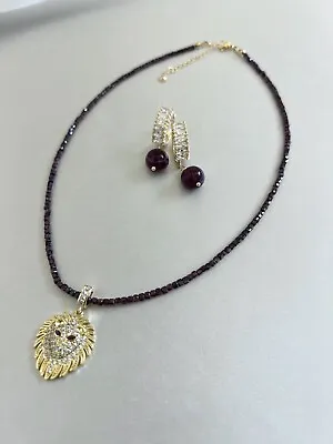 Natural Garnet Necklace Set With CZ Micro Pave Lion Pendant Real 18K Gold Plated • $105.49