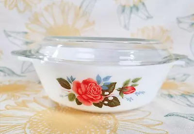 Vintage | JAJ England Pyrex Style Milk Glass Casserole Dish & Lid Cottage Rose • $29